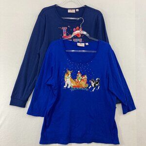 Set of Two Tops Quacker Factory Large Dog Embroidered Festive Holiday